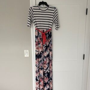Navy Striped & Floral Maxi Dress with Pink Tie